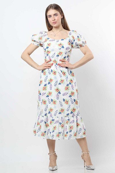 Nichii Floral Fitted Midi Dress with Short Sleeves