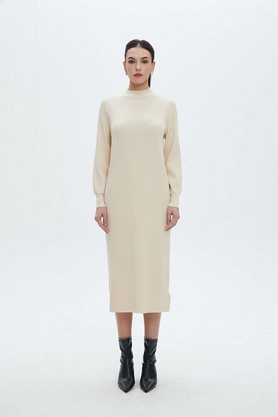 Nichii Solid Midi Dress with Round Neck and Long Sleeves