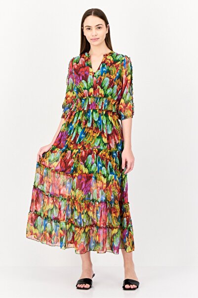 Spy Zone Exchange فستان ماكسي بحزام مطبوع بالكامل للنساء، متعدد الألوان