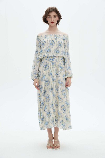 Nichii Floral Off-Shoulder Long Sleeve Midi Dress