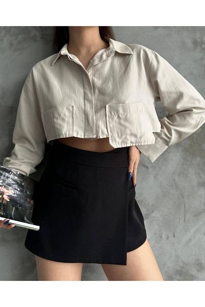 TİENDEROPA Poplin Crop Shirt with Pocket Detail