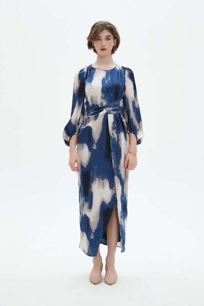 Nichii Long Printed Dress with Wide Long Sleeves and Round Neck