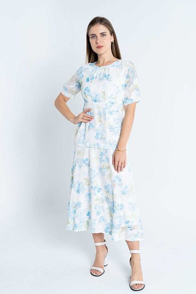 Nichii Women's Midi Dress with Soft Floral Print and Short Sleeves