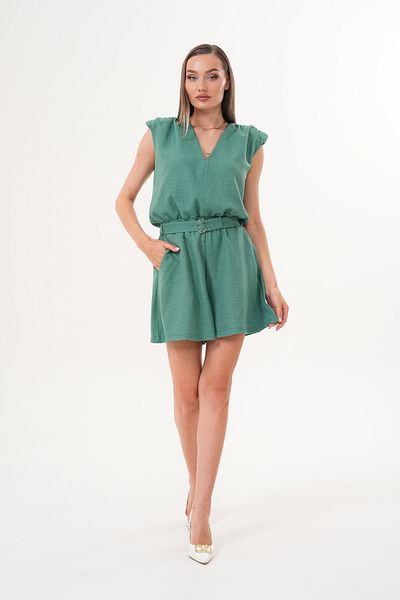 Shine Fine Women's Green V-Neck Belted Shorts Jumpsuit