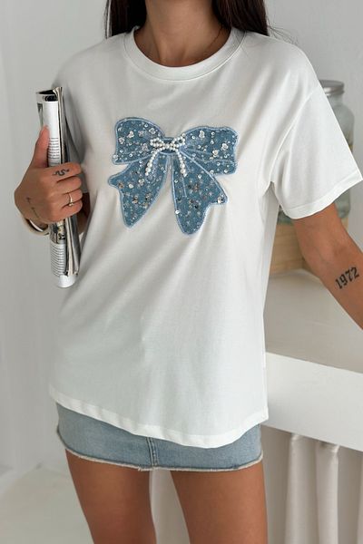 FEMELLE Tricou de damă cu model de panglică albă, cu mărgele și paiete, cu detaliu din denim brodat, 100% bumbac