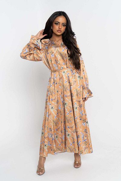 Nichii Women's V-Neck Long Sleeve Flared Midi Dress with Waist Detail