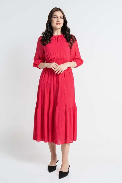 Nichii Solid Mid-Length Dress with 3/4 Sleeves