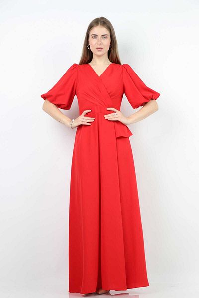Nichii Women's Maxi Dress with Wrap Waist and Puff Sleeves