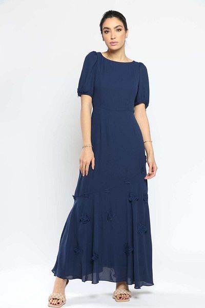 Nichii Long Chiffon Dress with Lace-Embellished Butterflies and Short Sleeves