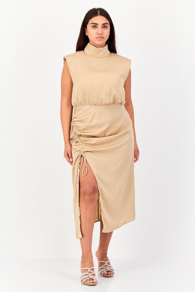 Area Stars Women Plain Sleeveless Midi Dress, Tan