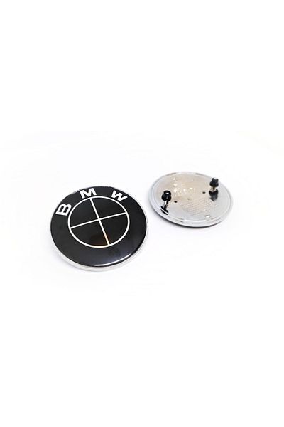 OEM Set Two BMW-Compatible Emblems + 4 Mounting Bushings, 82mm and 74mm, Black