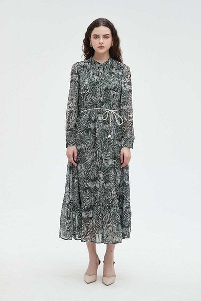 Nichii Floral Long Sleeve Midi Dress with Waist Tie