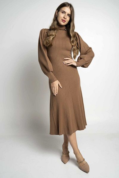 Nichii Women's Ribbed Midi Dress with Long Sleeves