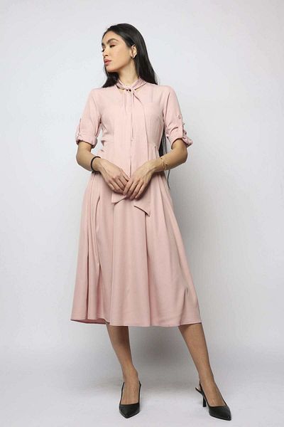 Nichii Solid Midi Dress with Long Sleeves and Adjustable Tie Neck