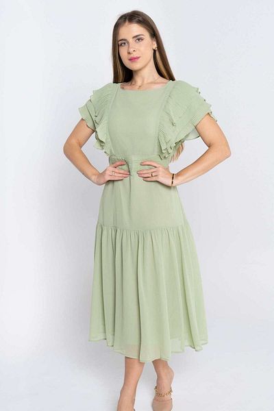 Nichii Plain Midi Dress with Short Sleeves, Layered Design, and Round Neck