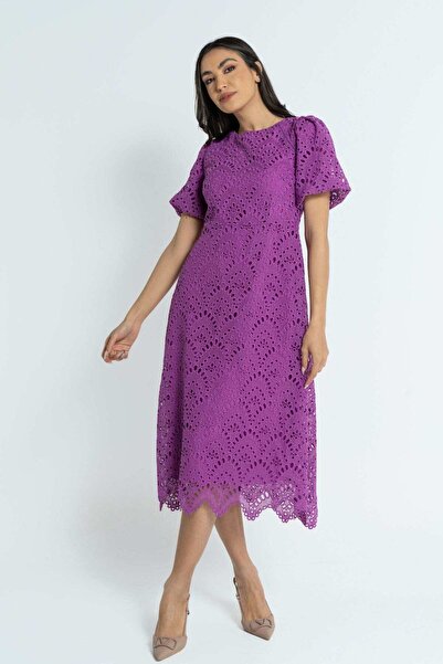 Nichii فستان ميدي من الدانتيل بأكمام قصيرة وتفاصيل خصر