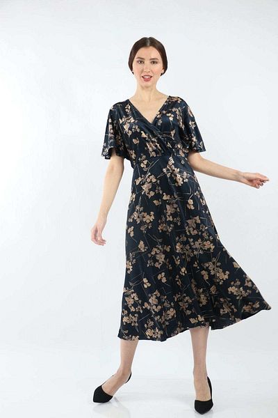 Nichii Soft Velvet Floral Midi Dress with Butterfly Sleeves and Seven Neckline