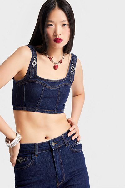 its basic Women's Navy Blue Color 19W5-33 Accessory Detailed Strap Flexible Fabric Design Denim Bustier