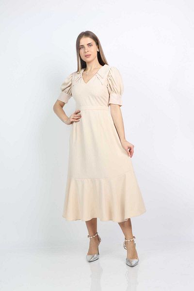 Nichii Short Puff Sleeve Midi Dress with Collar