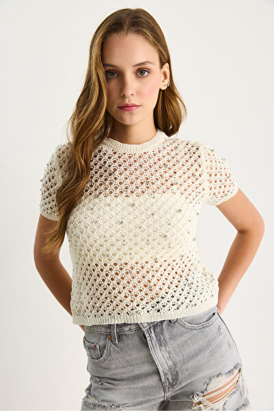 Bianco Lucci Kadın Kısa Kollu Ajurlu Taşlı Triko Bluz 20246154