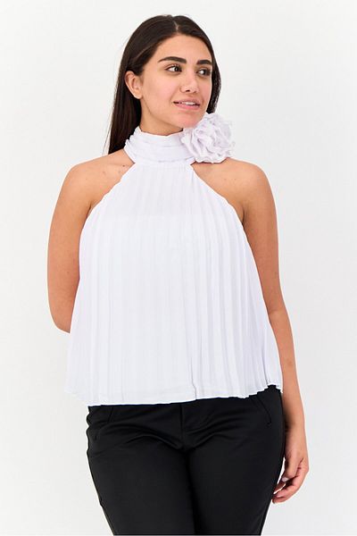 Area Stars Women Mock Neck Sleeveless Pleated Top, White