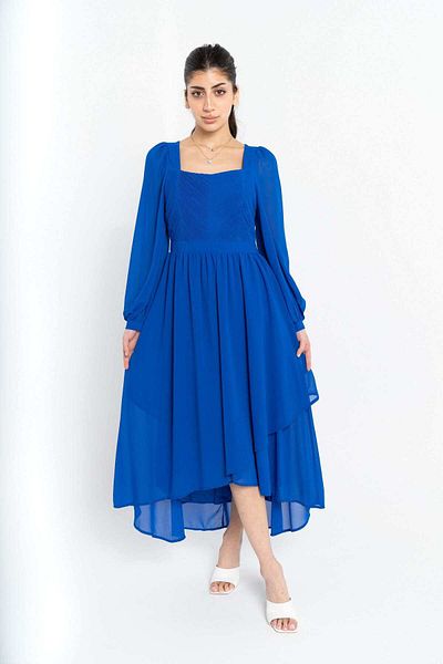 Nichii Classic Women's Midi Dress with Long Sleeves and Cinched Waist