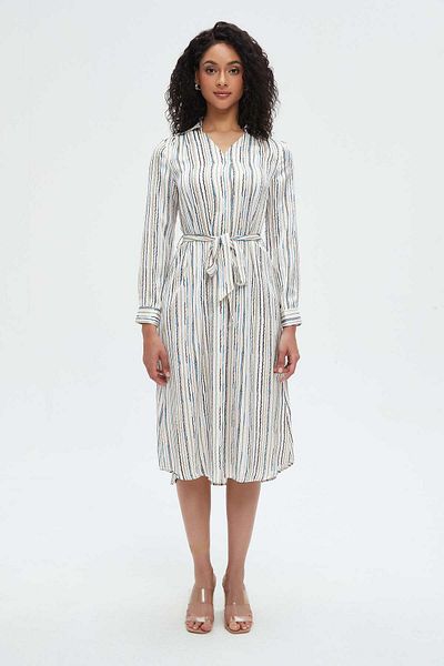 Nichii Midi Dress with Waist Tie and Long Sleeves