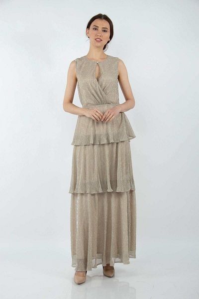 Nichii Shiny Maxi Dress with Ruffled Layers and Sleeveless Neckline