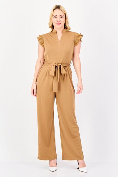 Area Stars Women Plain Flutter Sleeves Jumpsuit, Tan