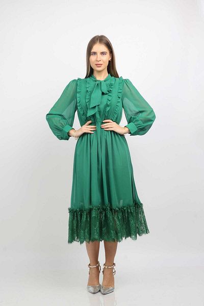 Nichii Women's Flowy Chiffon Midi Dress with Neck Tie and Long Sleeves