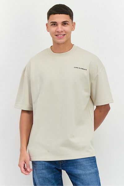 Core Elements Men Crew Neck Short Sleeve Brand Logo T-Shirts, Cream