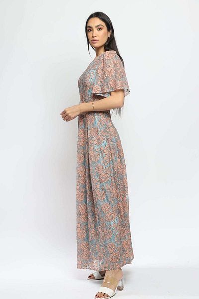 Nichii Women's Lined Sheer Lace Maxi Dress with Short Sleeves