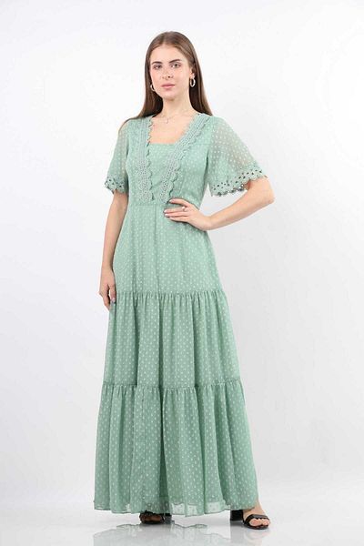 Nichii Long Dress with Short Sheer Sleeves and V-Neck