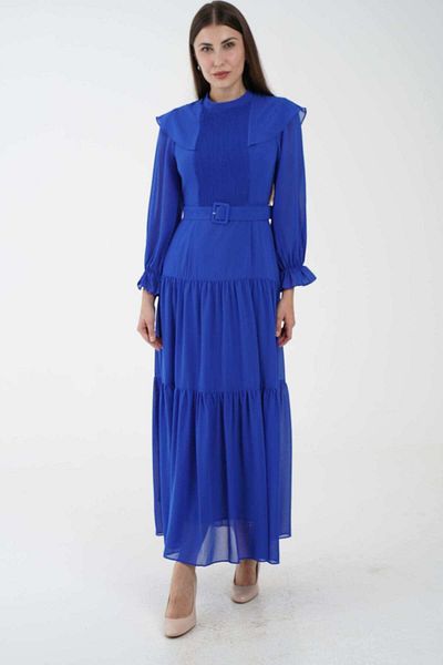 Nichii Women's Layered Maxi Dress with Long Sleeves and Fitted Waist