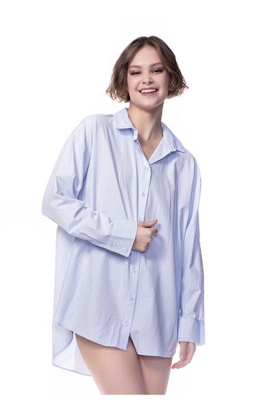 Appleline Women's Blue Striped Oversize Poplin Boyfriend Shirt
