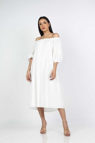 Nichii Off-Shoulder Midi Dress with Front Buttons and Short Sleeves