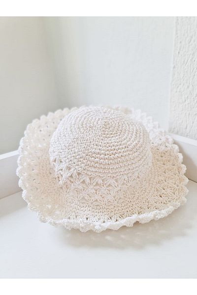 COLORFULLCLİPS Hand Knitted Straw Hat White-2-4 Years