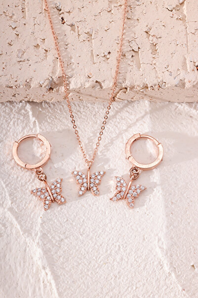 Lucente Jewellery Özel Hediye Kutulu 925 Ayar Rose Gümüş Kaplama Kelebek Set