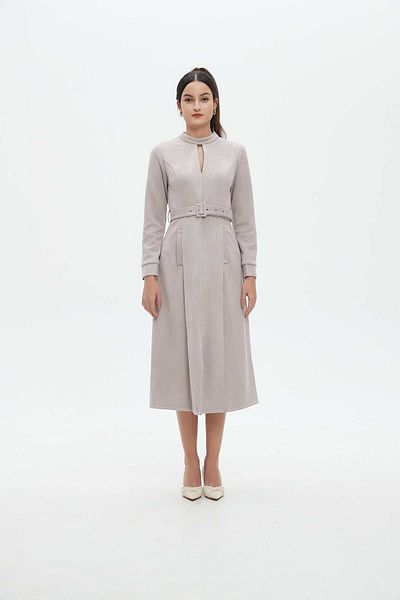 Nichii Women's Long Sleeve Open Front Midi Dress with Waist Belt