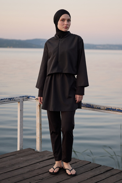 Yefrastore Women's Black Parachute Fabric Full Covered 3-Piece Hijab Swimsuit Set