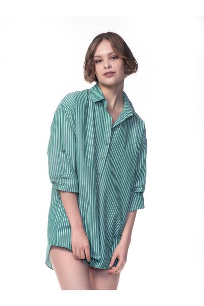 Appleline Women's Striped Oversize Poplin Boyfriend Shirt Dark Green