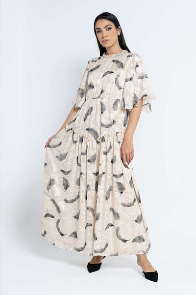 Nichii Women's Maxi Dress with Butterfly Sleeves and Feather Print