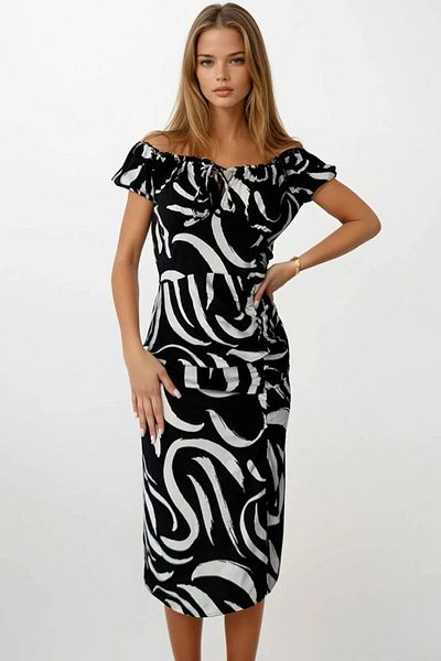 ÇEÇİM Women's Patterned Off-The-Shoulder Summer Women's Dress Hyn-58065