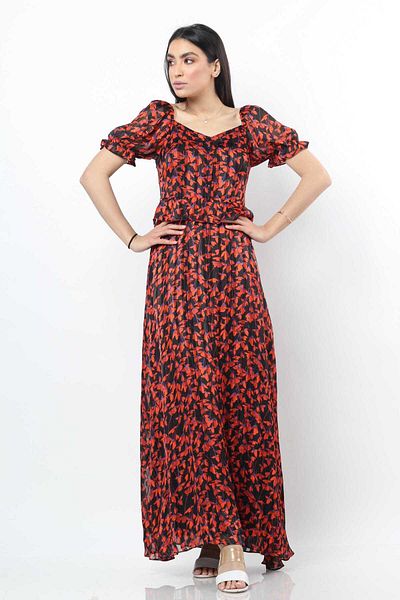 Nichii Floral Pleated Long Dress with Buttons and Short Sleeves