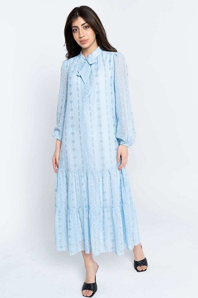 Nichii Women's Long Sleeve Midi Chiffon Dress with Bow Tie Collar