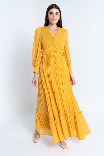 Nichii Women's Maxi Dress with Long Sleeves and Seven-Button Waist Detail