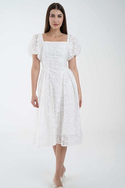 Nichii Floral Short Sleeve Puff Sleeve Midi Dress