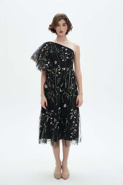 Nichii One-Shoulder Midi Dress with Floral Chiffon Details
