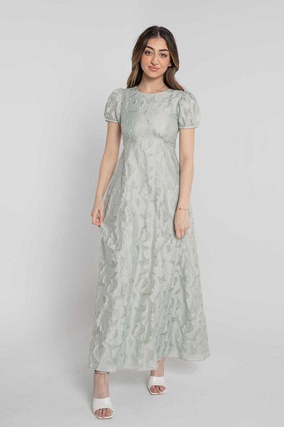 Nichii Women's Long Waist-Cinched Short Sleeve Shiny Dress
