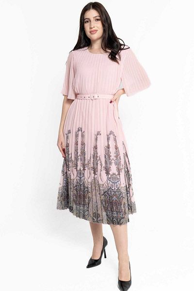Nichii Women's Short Sleeve Pleated Midi Dress with Print